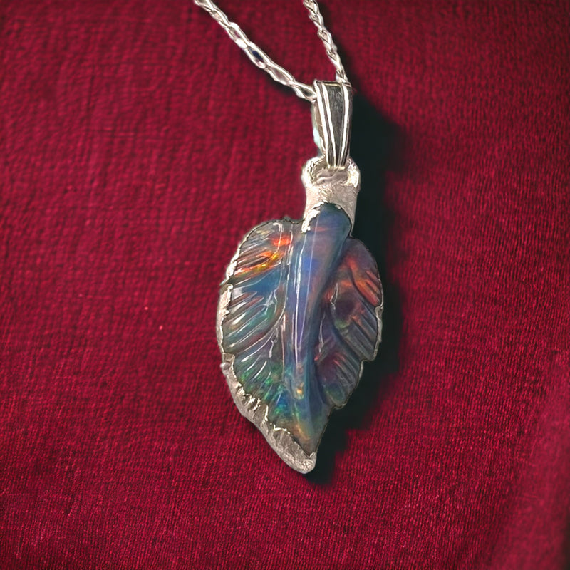 Leaf opal carved, pendant with chain, silver