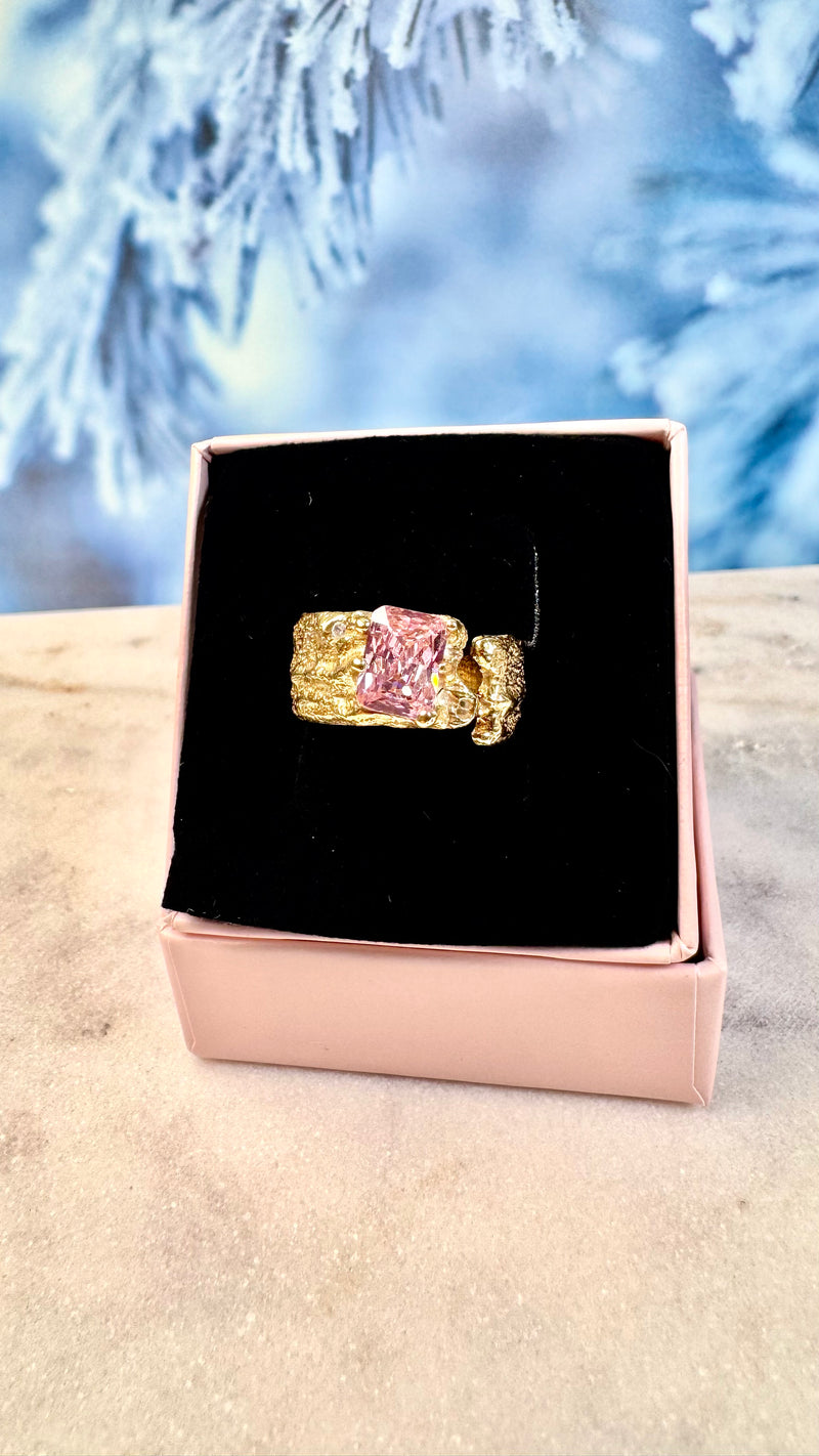 Breiter Ring mit Rosa Zirkonia , Gold plattiert, verstellbar