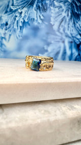 Breiter Ring mit blauem Zirkonia, Gold plattiert, verstellbar