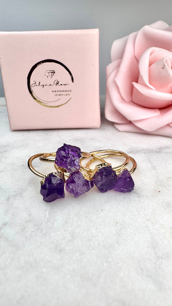 Februar Monats - Stein - Ring -Amethyst Roh, Silber- vergoldet