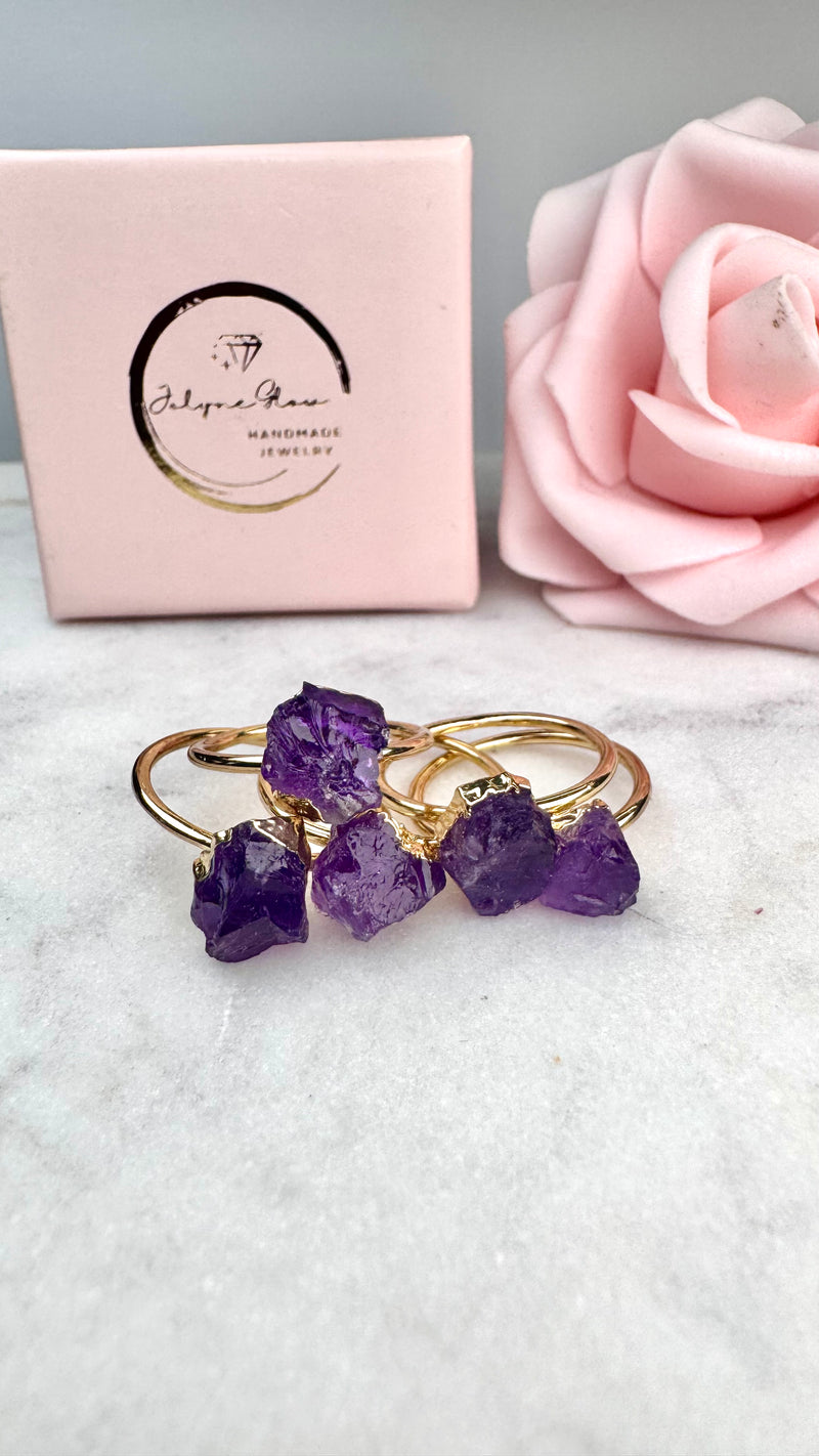 Februar Monats - Stein - Ring -Amethyst Roh, Silber- vergoldet