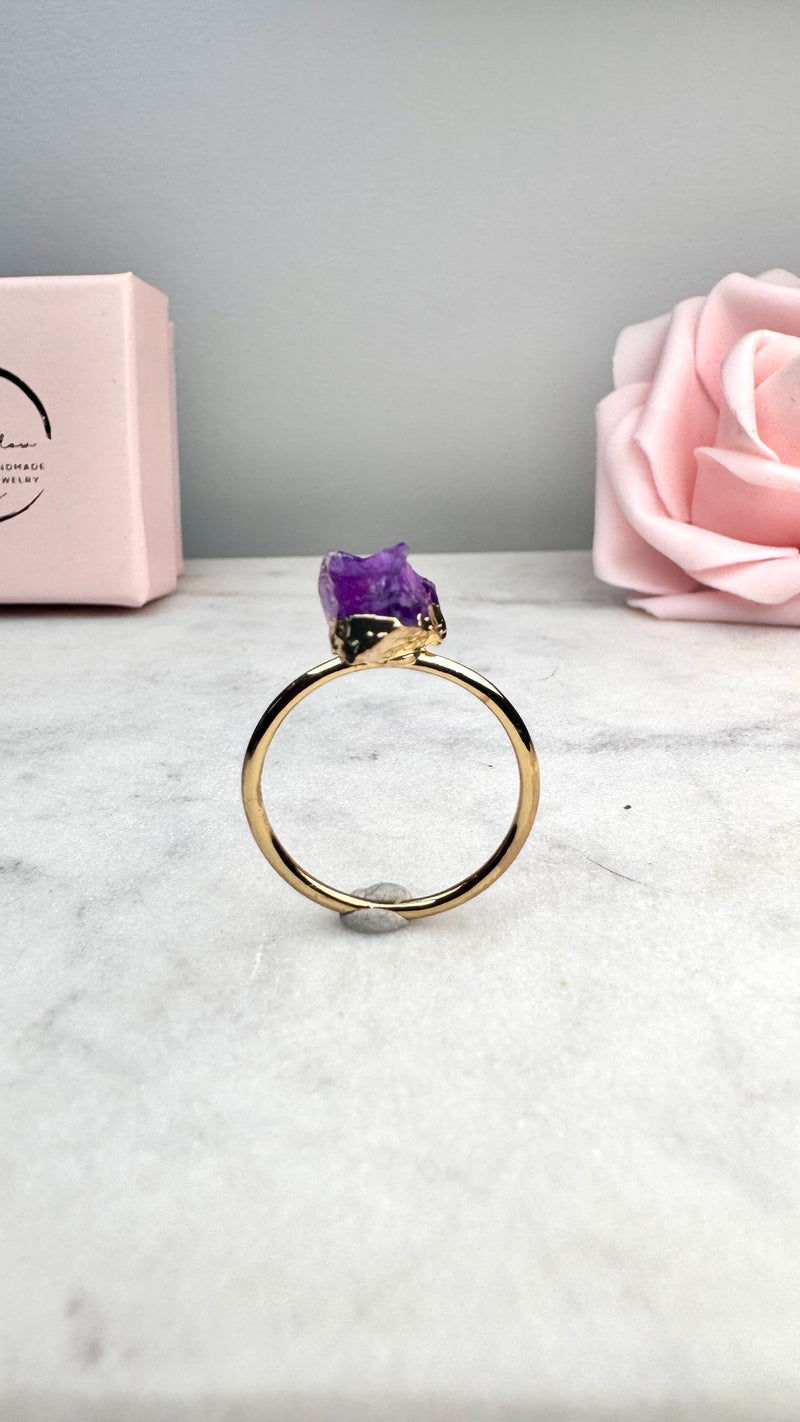 Februar Monats - Stein - Ring -Amethyst Roh, Silber- vergoldet