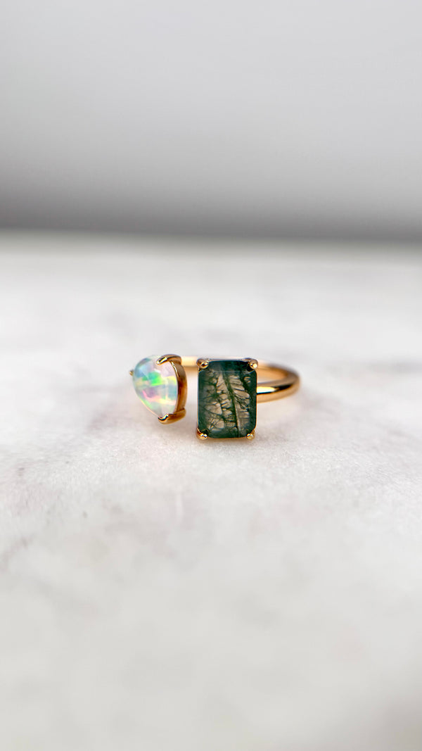 Ring Moosachat-Opal, Gold, verstellbar