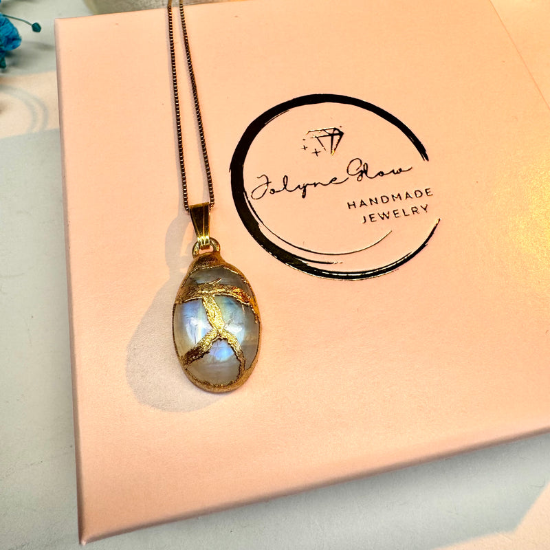 Moonstone pendant with chain, silver, gold plated