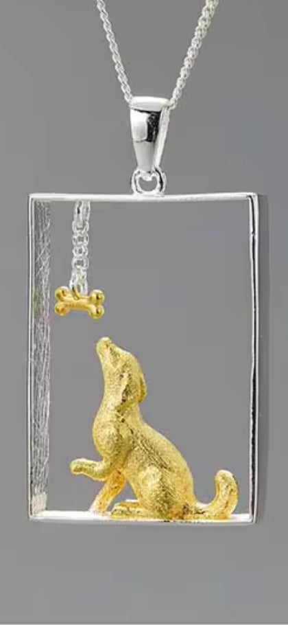 Hund mit Knochen Anhänger, mit/ohne Kette,  Silber925 - Gold plattiert