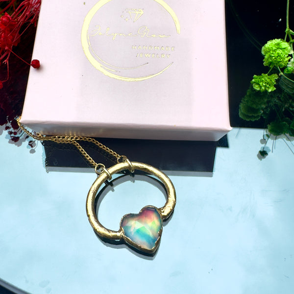 Aurora Herz Kristall Opal Anhänger mit Kette, Silber, Gold plattiert