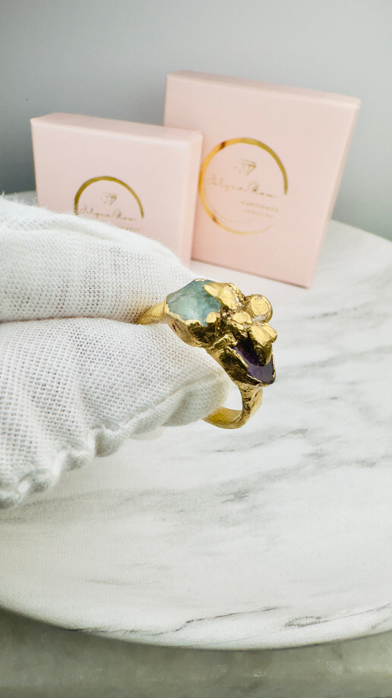 Ring mit Aquamarin, Amethyst und Biene, Gold plattiert, Größe 60