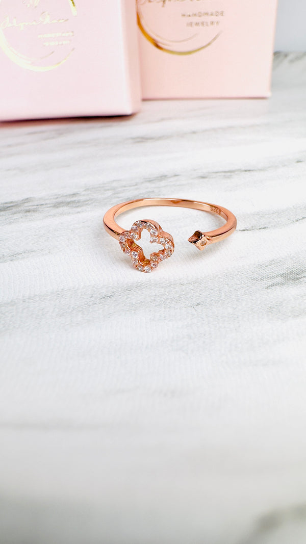 Filigraner Kleeblatt Ring, verstellbar, Rosegold, Größe 55